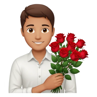male memoji, handsome man in white shirt, holding a big bouquet of red roses, gentle smile, soft romantic eyes sticker