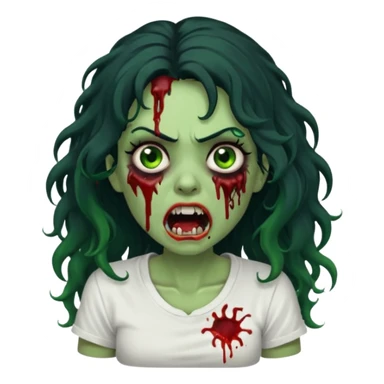 a zombie with long curly black hair volumoso, brown eyes, a white t-shirt and a splash of blood on her t-shirt, mouth open like a zombie, green skin color, not much expression, no drawing on shirt, no hands showing, less blood on her face,  sticker