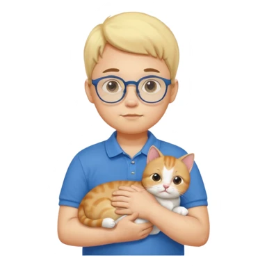 emoji ios, soft boy carrying a cat, light yellow skin, blue polo shirt, bespectacled, cute and a little plump, with slightly chubby cheeks. sticker