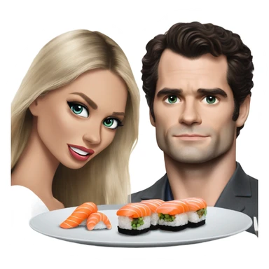 realistic photo of Henry Cavill eating sushi with a beautiful  victoria secret model  sticker