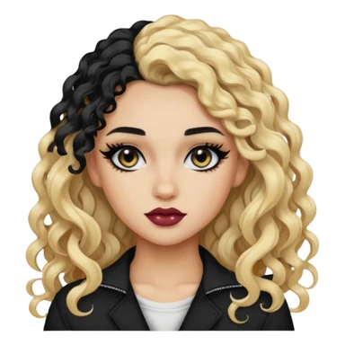 split dye leftside blonde rightside black hair, baddie, pretty makeup, black eyeliner, long curly hair sticker