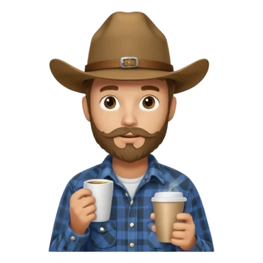 generate an ios genmoji of a 20 year old tan boy with a cowboy hat and mutton chop beard. Wearing a flannel and carrying a coffee mug sticker