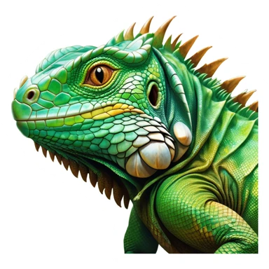 Cinematic Realistic Noble Iguana Portrait Emoji, Poised and commanding, with a robust, elongated body covered in intricately detailed, rough scales in vibrant shades of green with earthy brown accents, and a sharply defined head with piercing amber eyes, rendered with lifelike texture and natural light that accentuates every scale, high shine, intelligent and formidable, styled with an air of tropical authority, focused and attentive, soft glowing outline, capturing the essence of a watchful and confident iguana that appears ready to bask in the sun with effortless grace! sticker