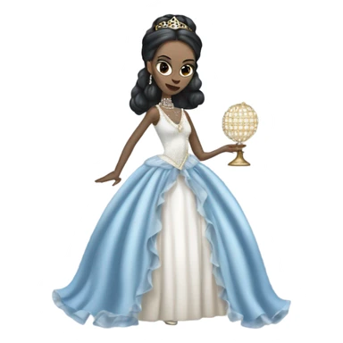 Tall realistic face teen Morticia Addams in as Princess Leia in ruffled pearl-white and blue ballet ball gown with gold accents and accessories  sticker