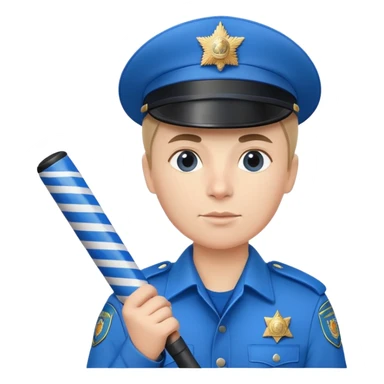 Russian traffic police officer in blue uniform with striped baton and peaked cap, holding traffic baton sticker