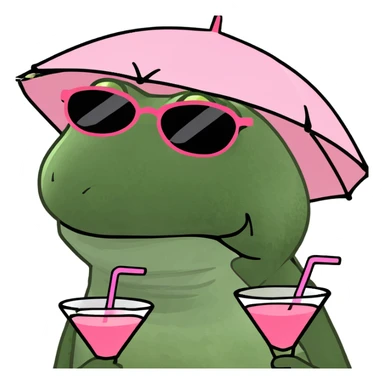 Make this frog look even more like the classic Bufo meme: green, wide-eyed, with the signature Bufo face, wearing an umbrella hat, sunglasses, and holding a pink cocktail, in bufo style, no background. sticker