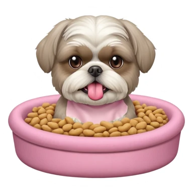 old ALL grey shih tzu in pink dog bed tongue hanging out with a bowl of food sticker
