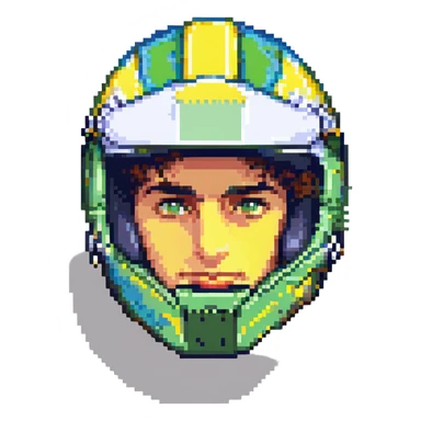Ayrton Senna, Formula One driver, portrait, pixel art style, racing helmet, iconic yellow, green, and blue colors, retro video game look sticker