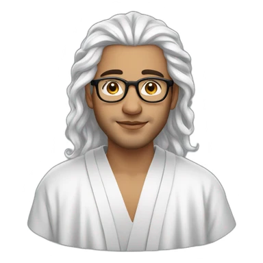 A beautiful Moroccan young man with thick, wet hair and white skin, wearing glasses and a robe sticker