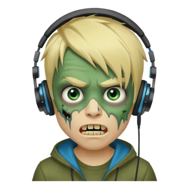 boy zombie whit blonde emo hair and eyes blue and GREEN SKIN and heandphones AND A MICROFONE AND GOLD TEETH and agesive face sticker
