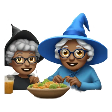 smart granny witch with glasses and blue hat lunching with friends sticker
