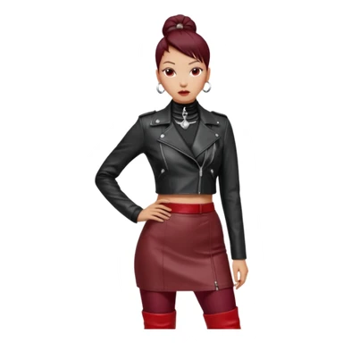 “East Asian woman with a tight sleek bun, no loose strands. Black leather jacket over a black turtleneck, silver Vivienne Westwood-style orb necklace. Red leather mini skirt, burgundy tights, red long boots. Clean, fashion-editorial style.” sticker