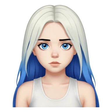 billie eilish long black hair, blue eyes dark eyeliner makeup, wearing white singlet sticker