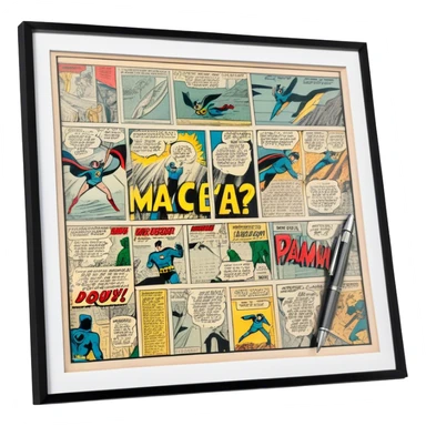 Create a detailed emoji representing the process of writing texts for comic books. The design should feature a large, open comic book with vintage comic strips visible on its pages. A pen should be shown writing text on one of the comic panels, but without a hand. The pencil should appear as though it is actively creating the dialogue or narration. Use a classic color palette with muted tones for the comic book and brighter accents on the pencil to draw attention to the writing process. Do not include any emojis or smiley faces. Make the background transparent. sticker