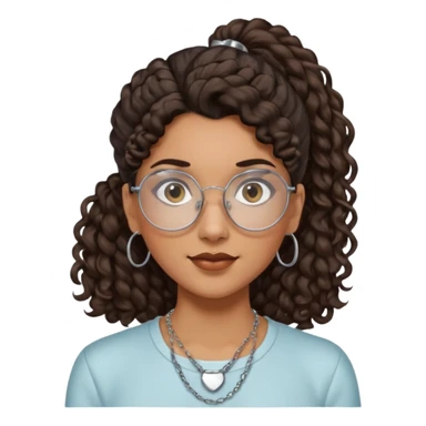 chica morena de ojos claros con gafas exagonales redondeadas. y pelo rizado castaño con todo el pelo recogido en una coleta . y un collar de plata sticker