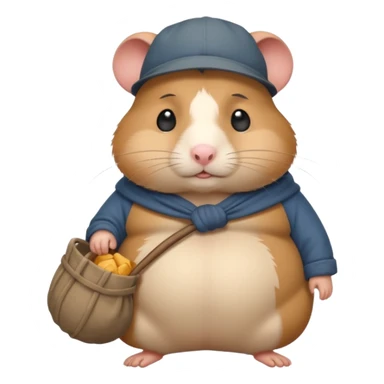 Fat cartoon-style hamster hobo carrying a bindle over its shoulder with a sad expression. sticker
