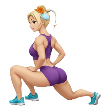 fullbody busty blonde fitness trainer, back view, bending over, sitting on her soles, SFW, athletic build, cheerful expression sticker