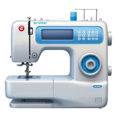 Modern Brother-style computerized sewing machine emoji, white and light gray with a blue thread spool, small LCD screen and round dial, three-quarter view, soft gradients and shadows in Apple emoji style, plain light background. sticker