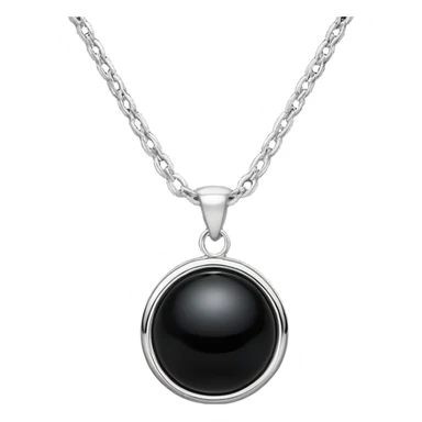 polished round black onyx pendant on a delicate silver chain, glowing faintly like a celestial orb sticker