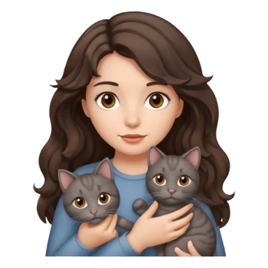 Brunette girl with wavy hair and brown eyes holding a grey cat sticker