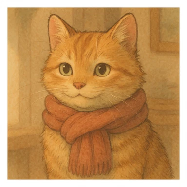 a gentle cat wearing a scarf, ghibli style sticker