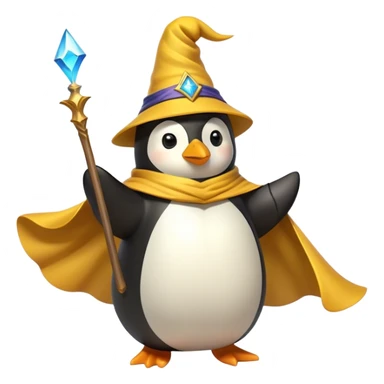 A wizard penguin with a yellow hat and a long, flowing cape. The penguin is floating slightly above the ground, surrounded by swirling magical energy and glowing runes in the airyellow wizard hat sticker