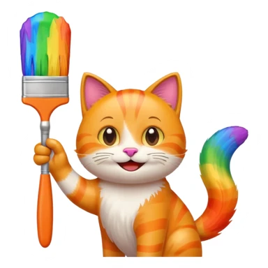happy cat waving a giant rainbow paintbrush, playful, emoji style sticker