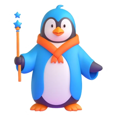 penguin wizard with a blue robe and magic wand sticker