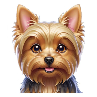Cinematic Cute Yorkshire Terrier Portrait Emoji, Head perked with bright, twinkling eyes and a perky expression, showcasing a soft, silky fur in rich hues, simplified yet adorably detailed, glowing with a cheerful, inviting glow, high shine, exuding playful intelligence and spunky charm, styled with a gentle, whimsical outline, capturing the essence of a cute Yorkshire Terrier that appears ready to frolic off the screen with irresistible energy! sticker