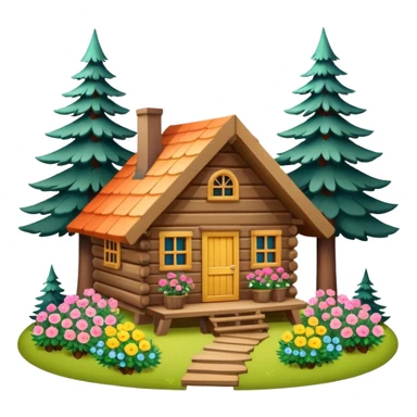 small cabin in the woods, surrounded by pines, with flowers around sticker