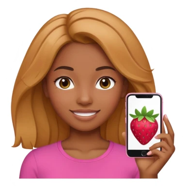 black girl with olive skin, natural-looking hair blending strawberry blonde and brunette tones, styled to suit her complexion, wearing a pink top, subtle smile, Apple iPhone emoji style sticker