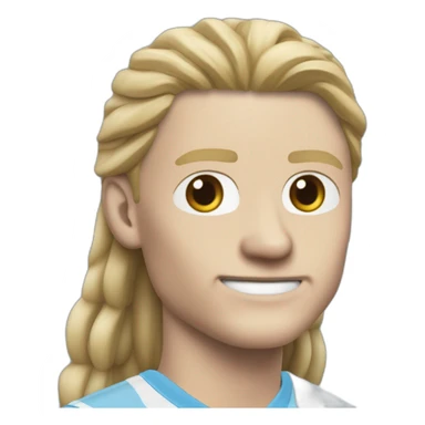 Realistic Erling Braut Haaland has long hair, in a catogan. He is wearing Manchester City football shirt.It has the numéro 9 sticker
