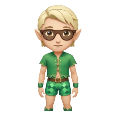 elf male legolas portrait, patterned board shorts (geometric/abstract), unique wooden-framed sunglasses, undercut hairstyle, slight smirk, visible pointy ears, no background, centered emoji, hipster summer vibe sticker