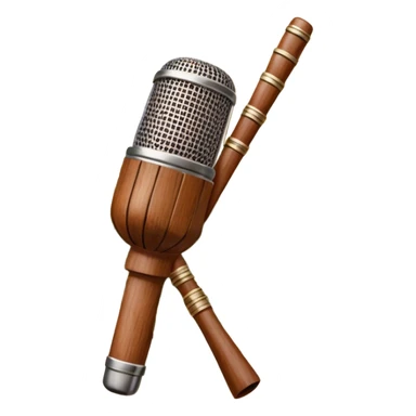 Create a traditional and warm emoji representing folk singing, using a humanless collage. The design should feature a rustic wooden microphone or an old-fashioned folk instrument like a balalaika, gusli, or a domra, placed alongside traditional elements such as a hand-woven scarf or a wooden flute. Include natural, earthy details like wildflowers, musical notes, and rustic textures, evoking the feeling of folk music in its purest form. Use warm, earthy colors like brown, gold, red, and green to create a cozy and organic vibe. The background should be transparent. sticker