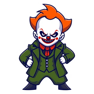 evil clown warrior, bald, small black horns on forehead, fangs, pointed ears, eye patch over one eye, long coat over black and military green leisure suit with bellbottom pants, realistically proportioned, less bulky, full body visible, battle-ready fighting posture sticker