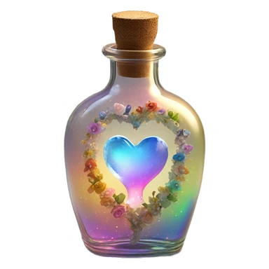 Antique oil heart bottle made of crystal glass of all gentle colors of the light rainbow, a living flower fairy sits at the bottom of the bottle sticker