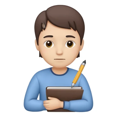 simplified human character holding a notebook and pen, thoughtful facial expression, slightly tilted head, planning life and goals, calm and focused mood, flat custom emoji sticker, pastel colors, rounded shapes, minimal details, thick outline, white background, no text sticker