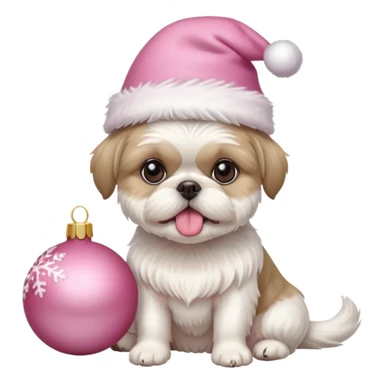 one white all over little shih tzu dog short hair with tongue hanging out sitting with light pink christmas hat sitting next to pink ornament sticker