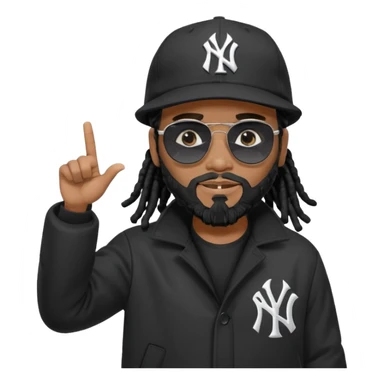 African American man with shoulder length black dreadlocks with black beard wearing black sunglasses wearing a black New York Yankees logo baseball cap wearing a black bubble winter coat pointing to sky sticker