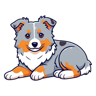 Merle Australian Shepherd dog laying down, spotted blue merle coat, fluffy fur sticker