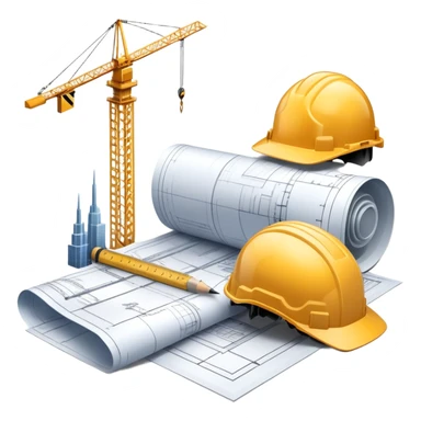 An icon featuring blueprints, a compass, and a construction helmet, symbolizing architecture and construction. The design includes building structures, cranes, and a ruler, representing the design and creation of buildings and urban planning. Transparent background. sticker