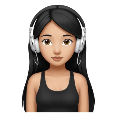 a fair indian girl with straight black long hair, wearing a black cami top. and wearing silver airpods max headphones on sticker