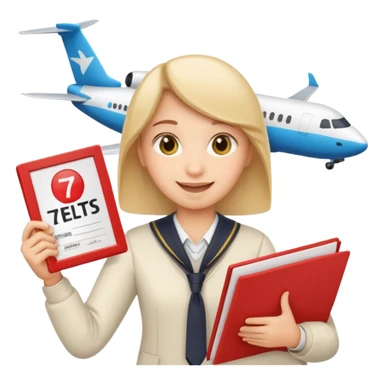 emoji student happy holding certificate IELTS 7.0, success, airplane, white background sticker