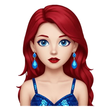 Chappell Roan (b.1998) with long dark red hair, red sequin crop top, red earring, blue eye, makeup sticker