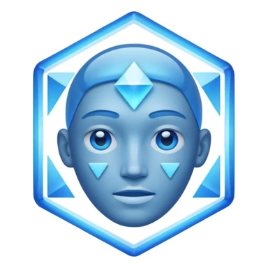 A non-human presence appearing as a glowing blue-white holographic interface with floating geometric shapes or a faint head-and-shoulders outline and no physical facial features. sticker