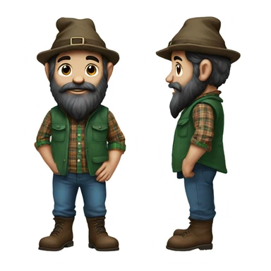 gnome with almost black beard, dark brown eyes, young, with a blue wool hat, brown boots and a green plaid shirt. The body should be cartoonish and not realistic. sticker