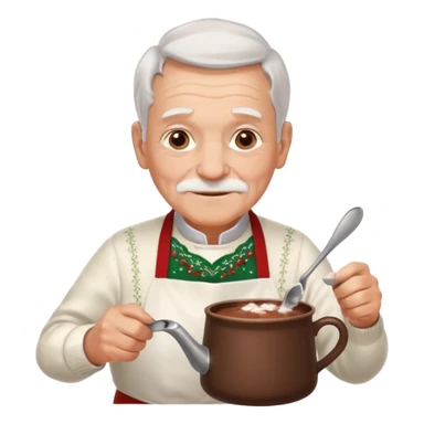 A gentle old man in a festive sweater and a white apron, stirring a pot of rich hot chocolate. sticker