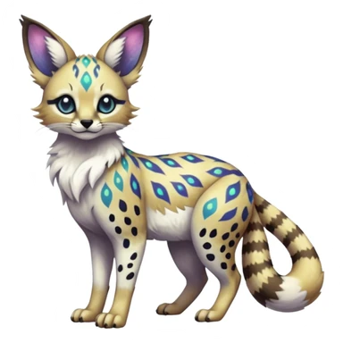 Rare iridescent white exotic epic aesthetic colorful Trico-Eevee-Serval-Genet-Civet-species-Fakemon-hybrid-creature, with intricate tattoo markings, full body sticker