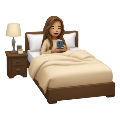 white girl with long brown hair in a bed with beige comforter on her phone sticker