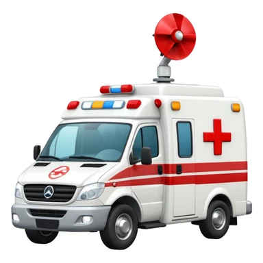 A modern white-and-red ambulance van with flashing rooftop siren.
 sticker